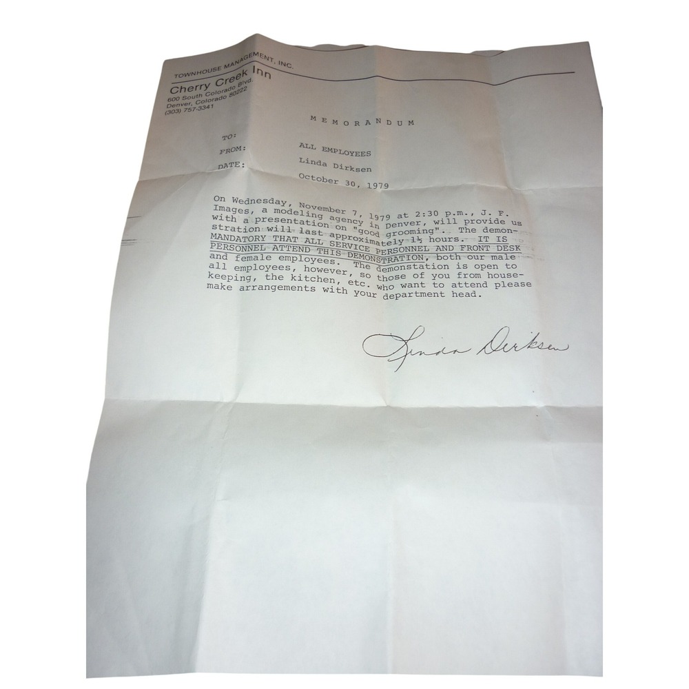 Vintage 1979 Cherry Creek Inn Denver Memo Good Grooming‎ Ephemera Social History
